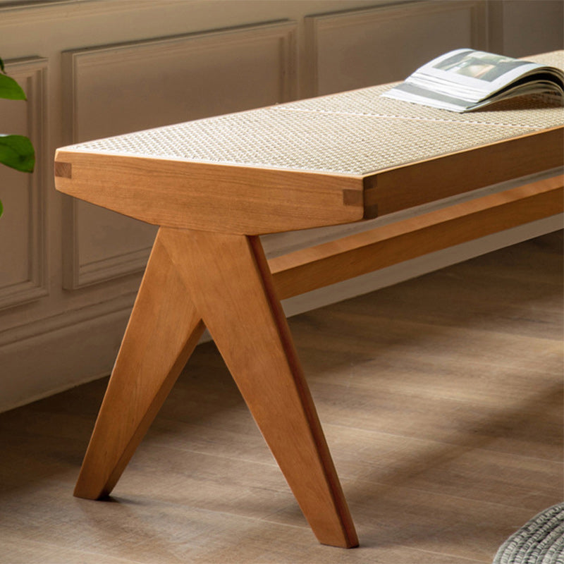 Japanese Rubber Wood Rattan V-Leg Bench With Handwoven Seat