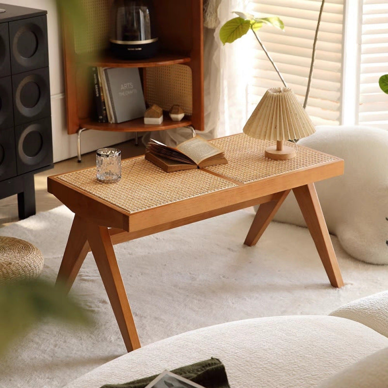 Japanese Rubber Wood Rattan V-Leg Bench With Handwoven Seat