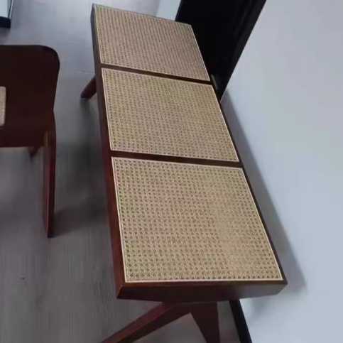 Japanese Rubber Wood Rattan V-Leg Bench With Handwoven Seat