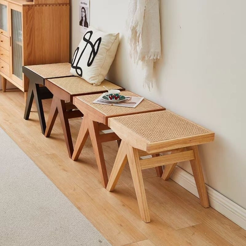 Japanese Rubber Wood Rattan V-Leg Bench With Handwoven Seat