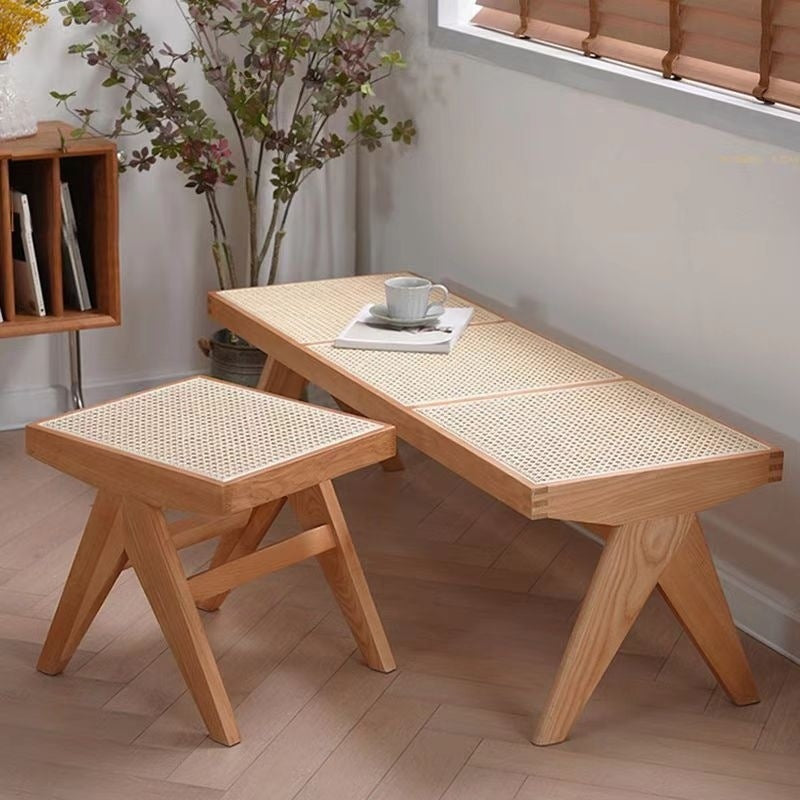 Japanese Rubber Wood Rattan V-Leg Bench With Handwoven Seat