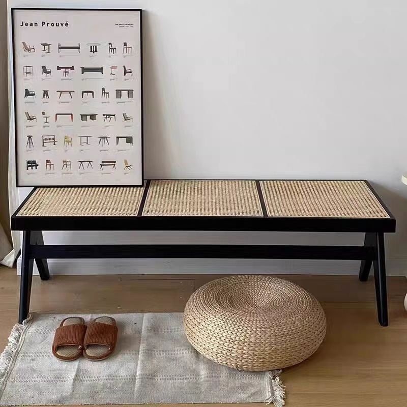 Japanese Rubber Wood Rattan V-Leg Bench With Handwoven Seat