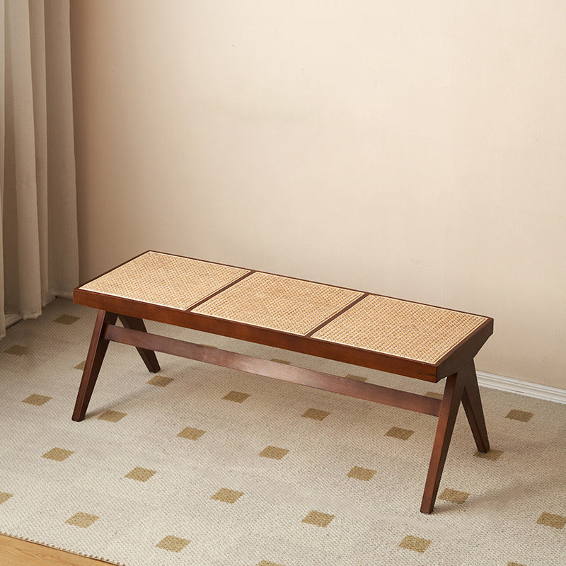 Japanese Rubber Wood Rattan V-Leg Bench With Handwoven Seat