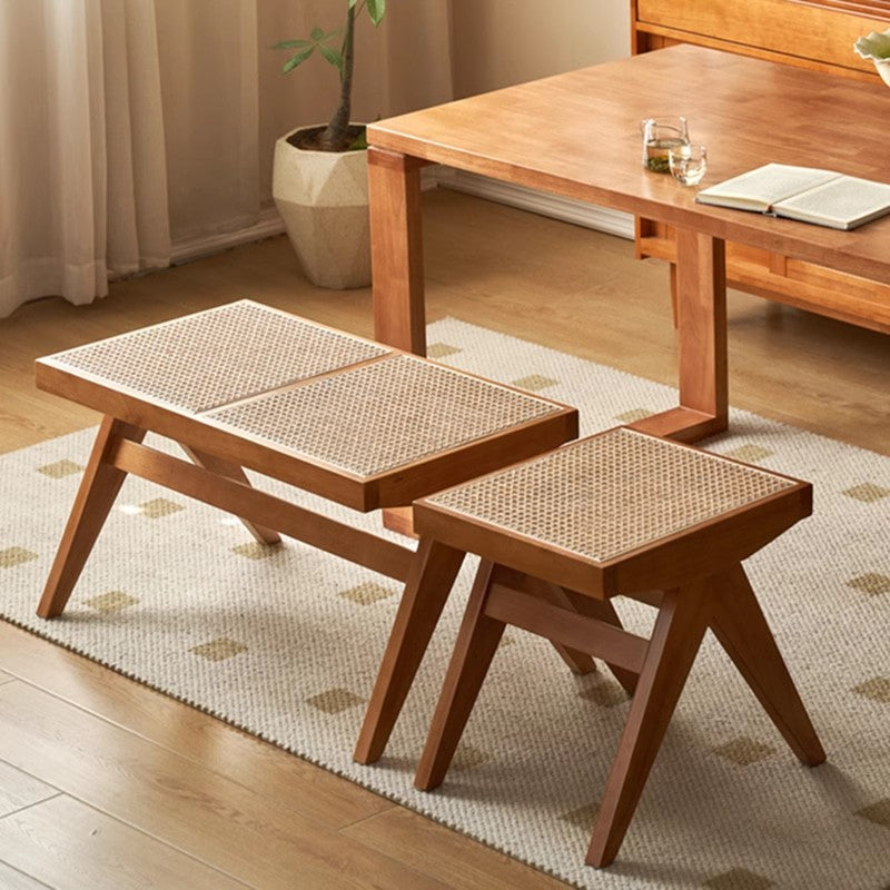 Japanese Rubber Wood Rattan V-Leg Bench With Handwoven Seat