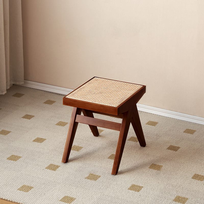 Japanese Rubber Wood Rattan V-Leg Bench With Handwoven Seat