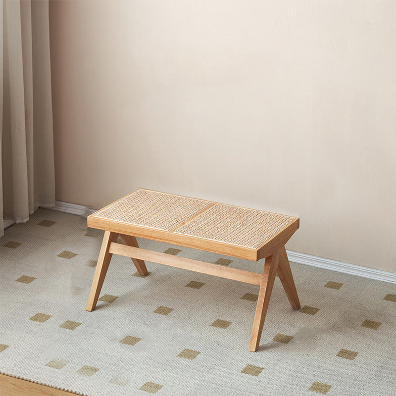 Japanese Rubber Wood Rattan V-Leg Bench With Handwoven Seat