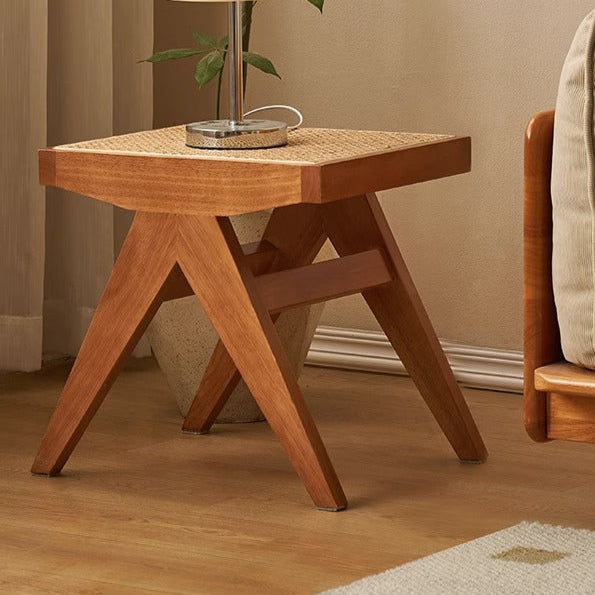 Japanese Rubber Wood Rattan V-Leg Bench With Handwoven Seat