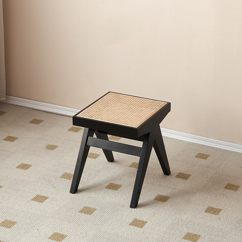 Japanese Rubber Wood Rattan V-Leg Bench With Handwoven Seat
