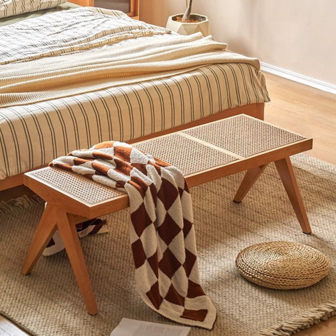 Japanese Rubber Wood Rattan V-Leg Bench With Handwoven Seat