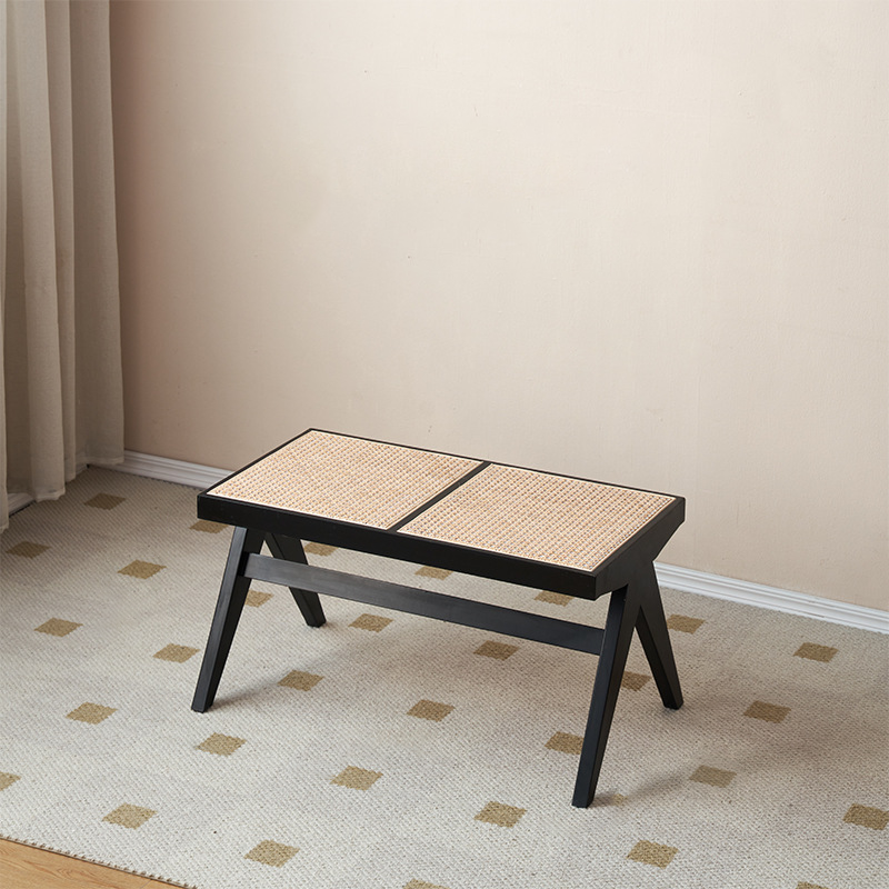 Japanese Rubber Wood Rattan V-Leg Bench With Handwoven Seat