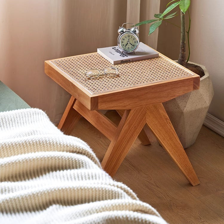 Japanese Rubber Wood Rattan V-Leg Bench With Handwoven Seat