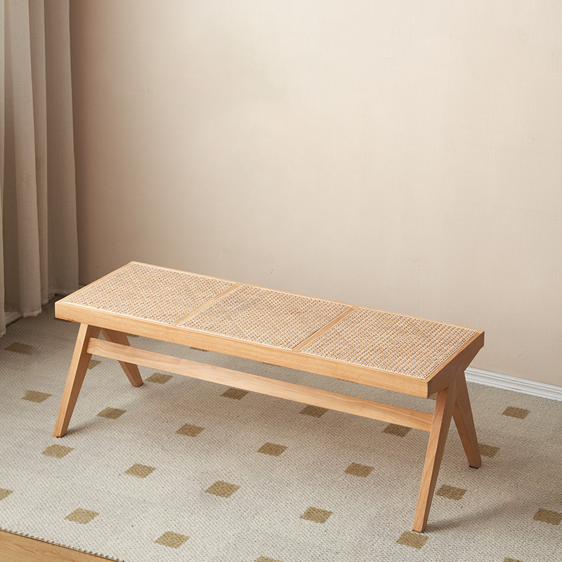 Japanese Rubber Wood Rattan V-Leg Bench With Handwoven Seat