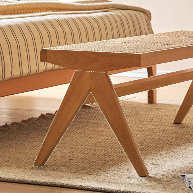Japanese Rubber Wood Rattan V-Leg Bench With Handwoven Seat