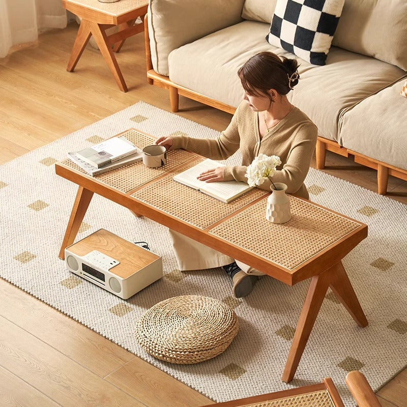 Japanese Rubber Wood Rattan V-Leg Bench With Handwoven Seat