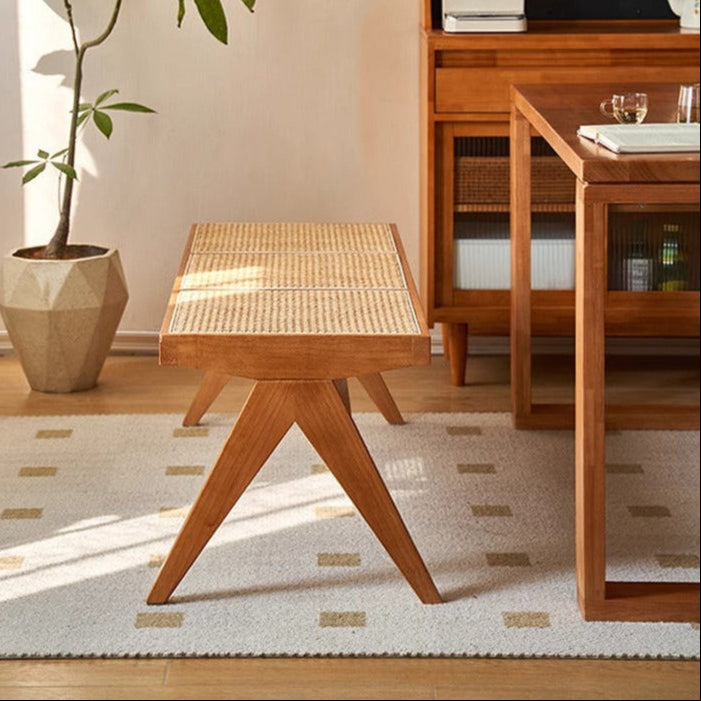 Japanese Rubber Wood Rattan V-Leg Bench With Handwoven Seat
