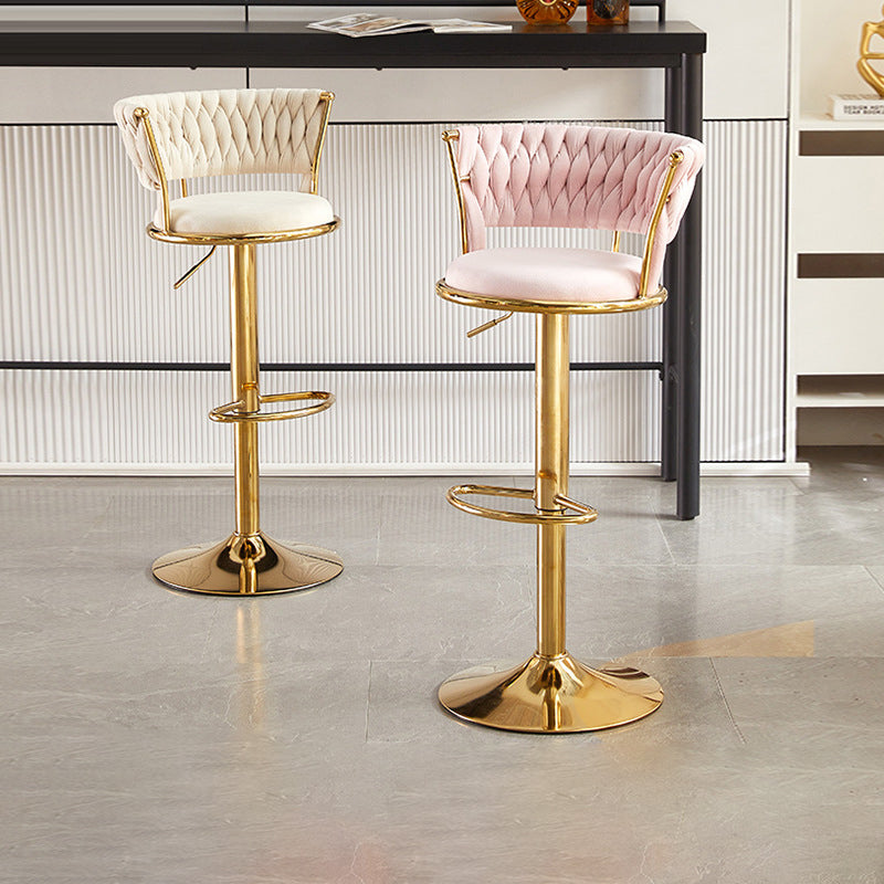 Contemporary Nordic Round Velvet Iron Swivel Height-adjustable Bar Stool Backrest Armless For Dining Room & Kitchen