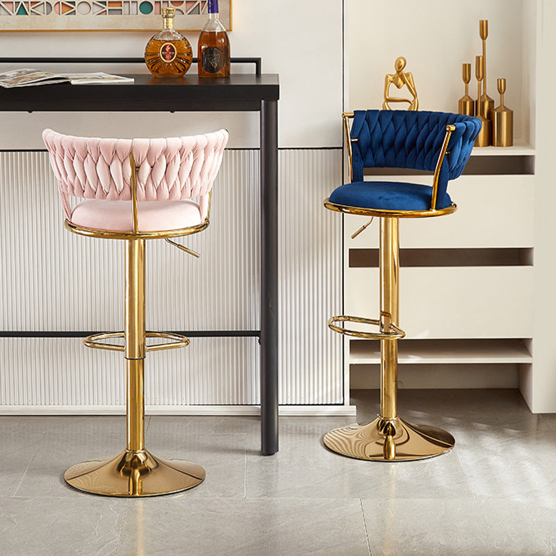 Contemporary Nordic Round Velvet Iron Swivel Height-adjustable Bar Stool Backrest Armless For Dining Room & Kitchen