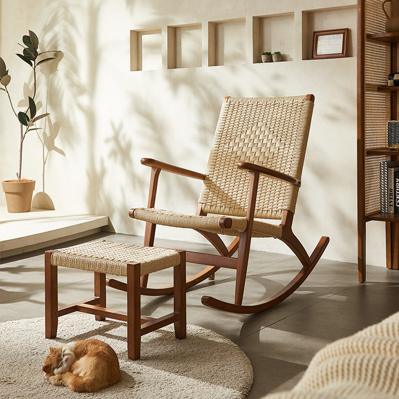 Japanese Weaving Ash Wood Rattan Rocking Chair Recliner Footstool