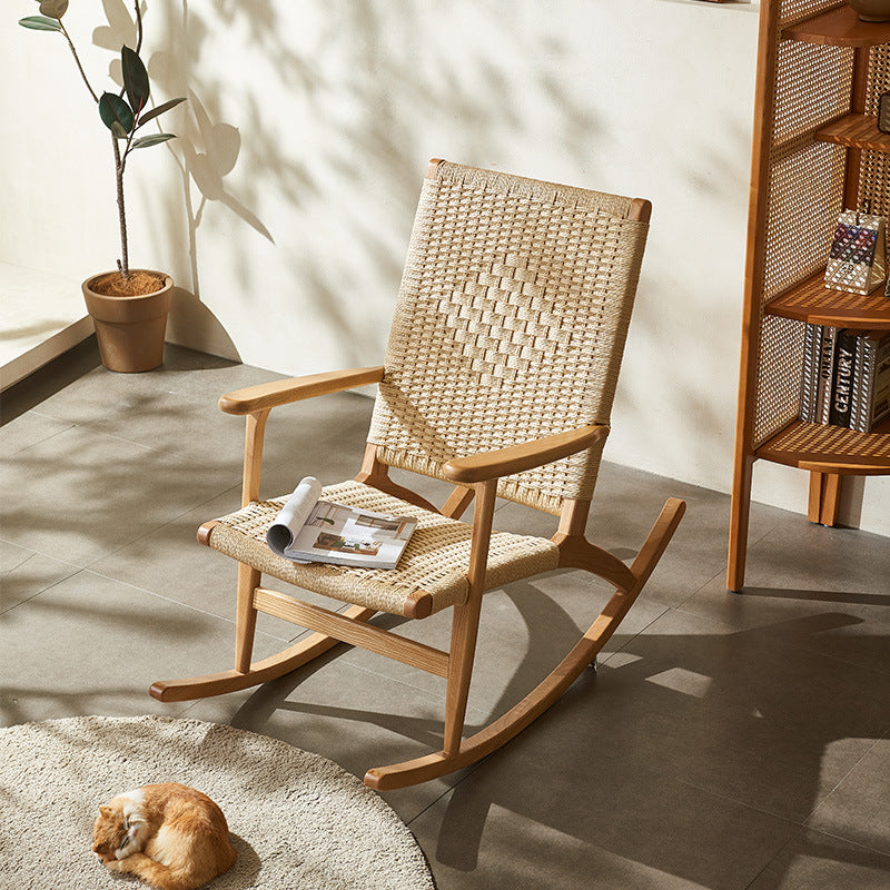 Japanese Weaving Ash Wood Rattan Rocking Chair Recliner Footstool