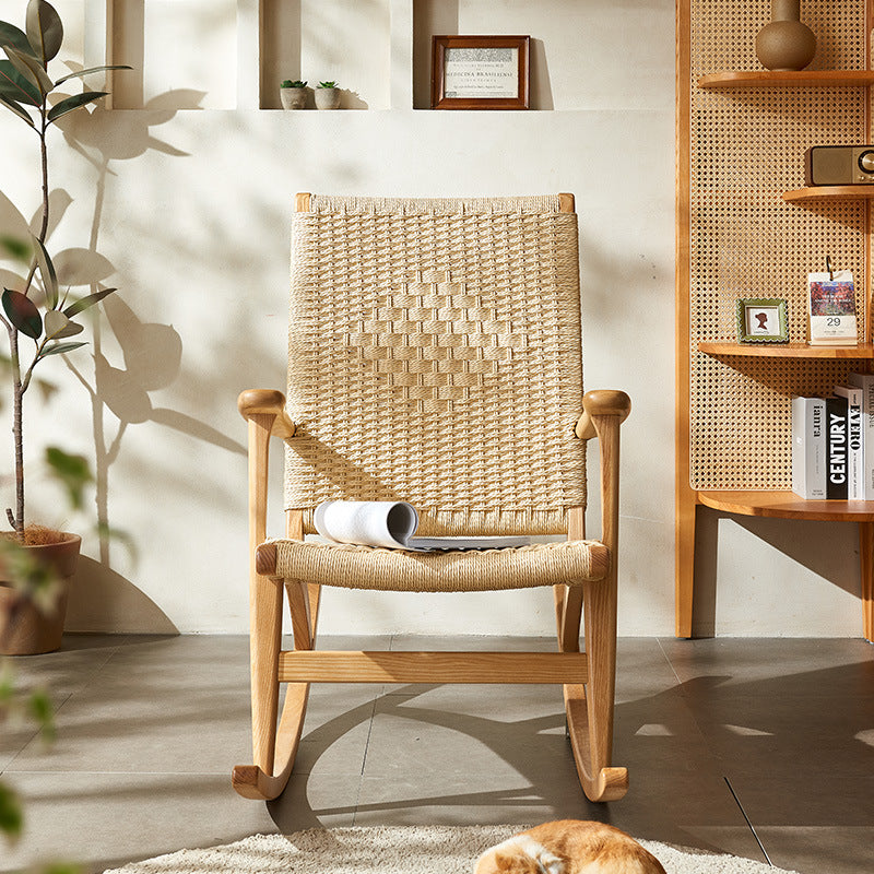 Japanese Weaving Ash Wood Rattan Rocking Chair Recliner Footstool
