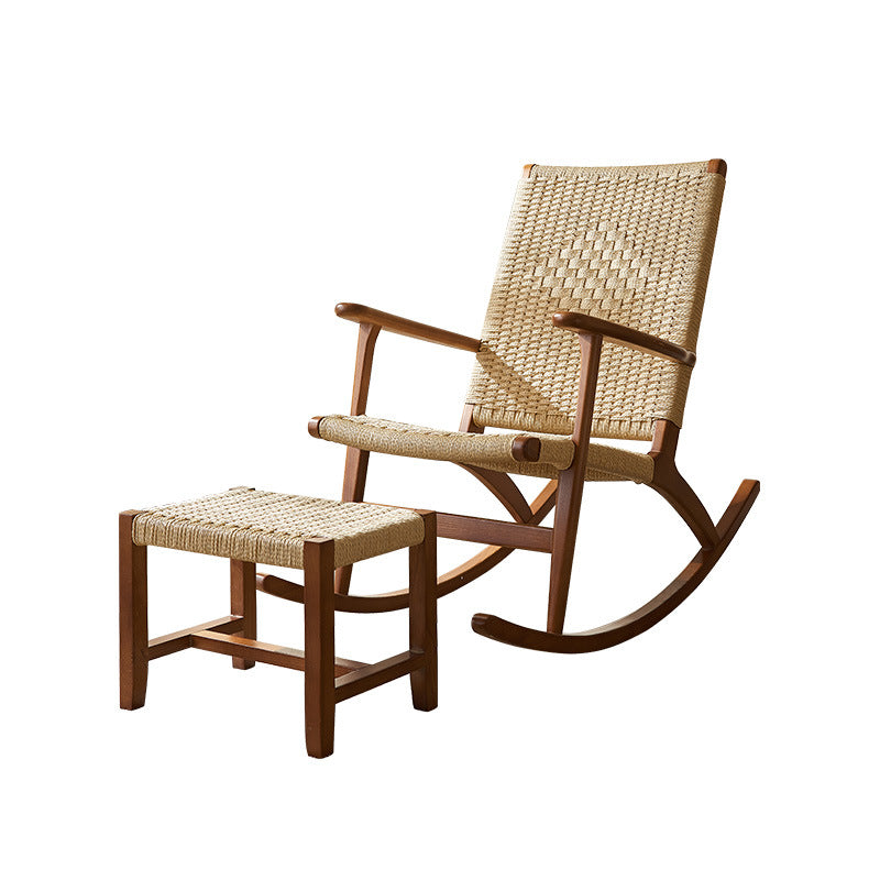 Japanese Weaving Ash Wood Rattan Rocking Chair Recliner Footstool