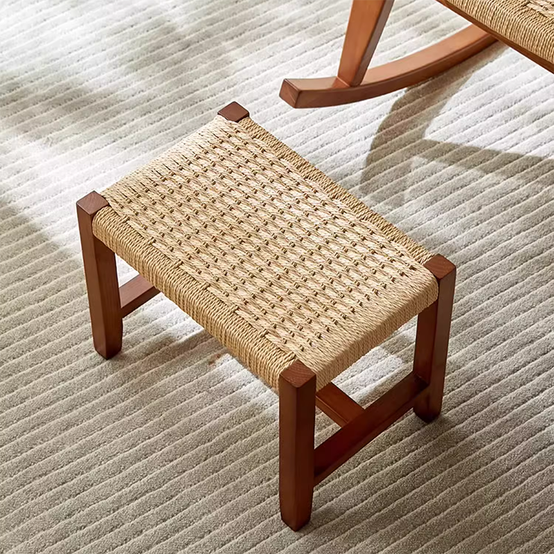 Japanese Weaving Ash Wood Rattan Rocking Chair Recliner Footstool