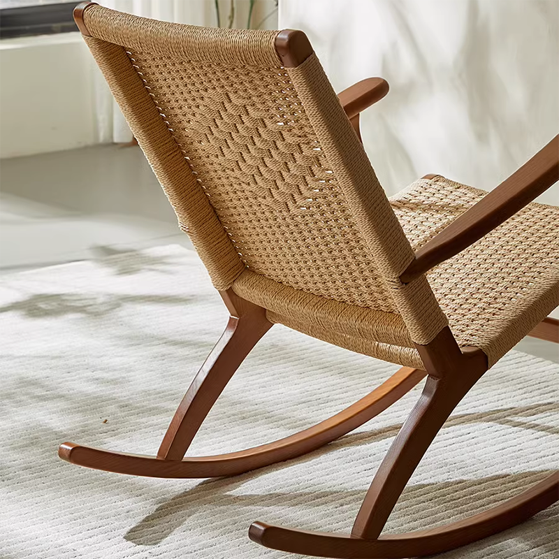 Japanese Weaving Ash Wood Rattan Rocking Chair Recliner Footstool