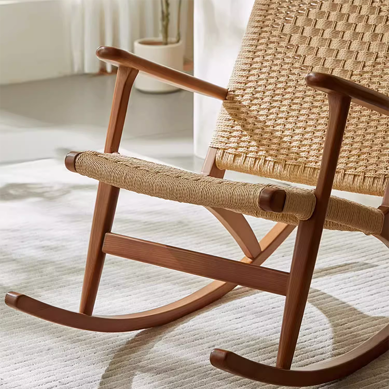 Japanese Weaving Ash Wood Rattan Rocking Chair Recliner Footstool