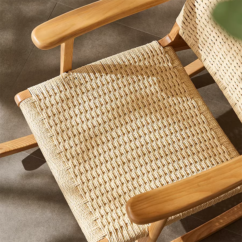 Japanese Weaving Ash Wood Rattan Rocking Chair Recliner Footstool