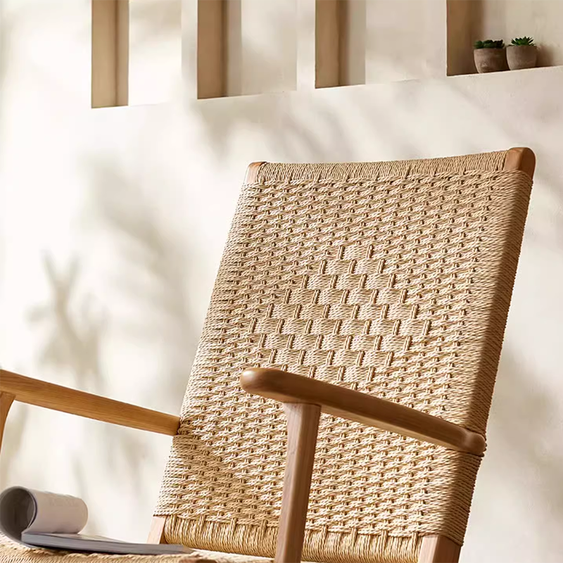 Japanese Weaving Ash Wood Rattan Rocking Chair Recliner Footstool