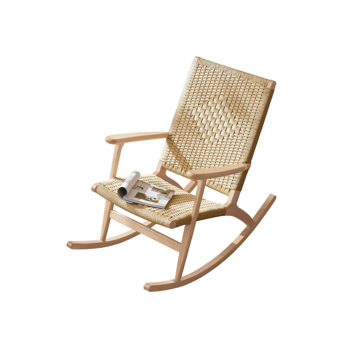 Japanese Weaving Ash Wood Rattan Rocking Chair Recliner Footstool