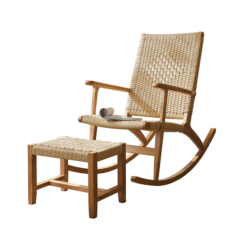 Japanese Weaving Ash Wood Rattan Rocking Chair Recliner Footstool