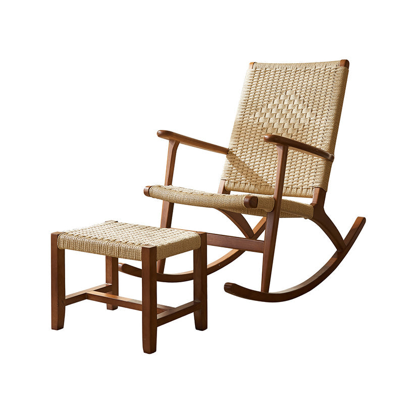 Japanese Weaving Ash Wood Rattan Rocking Chair Recliner Footstool