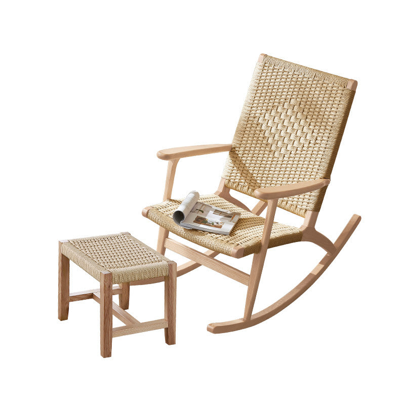 Japanese Weaving Ash Wood Rattan Rocking Chair Recliner Footstool