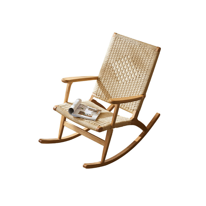 Japanese Weaving Ash Wood Rattan Rocking Chair Recliner Footstool