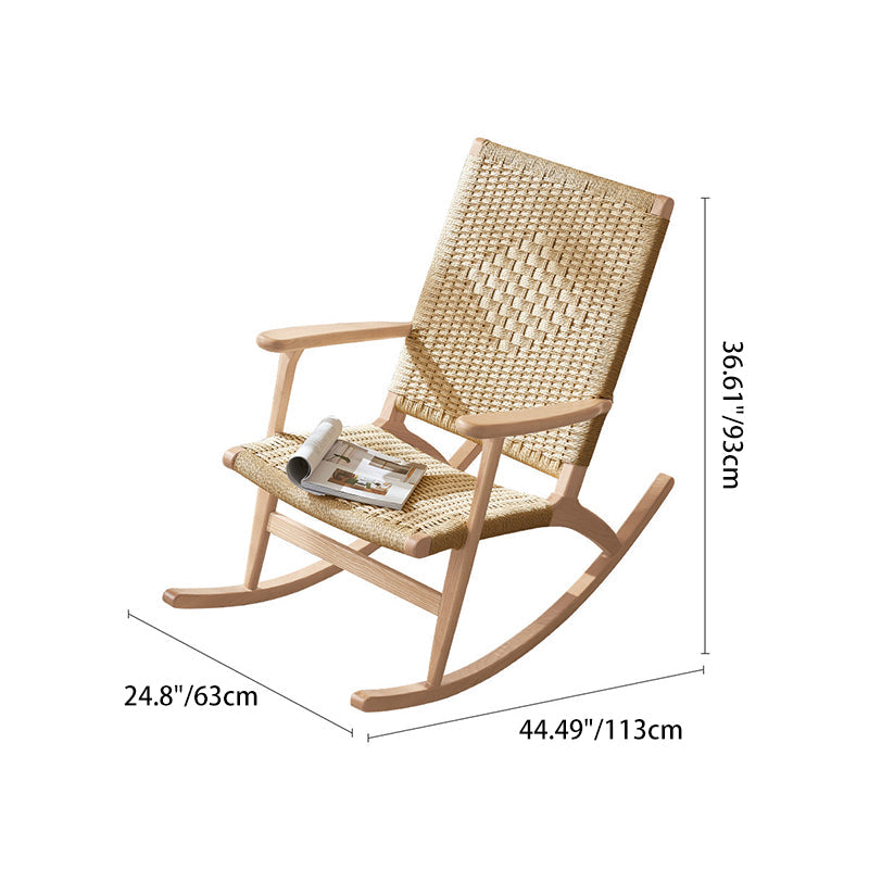 Japanese Weaving Ash Wood Rattan Rocking Chair Recliner Footstool
