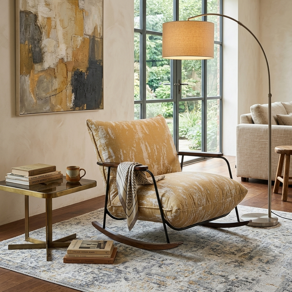 Traditional French Fabric Iron Sponge Square Ink Painting Rocking Chair Recliner Footrest Armrest For Living Room