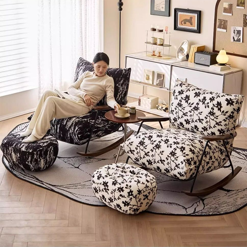Traditional French Fabric Iron Sponge Square Ink Painting Rocking Chair Recliner Footrest Armrest For Living Room