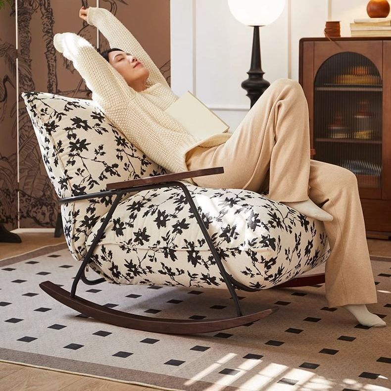 Traditional French Fabric Iron Sponge Square Ink Painting Rocking Chair Recliner Footrest Armrest For Living Room