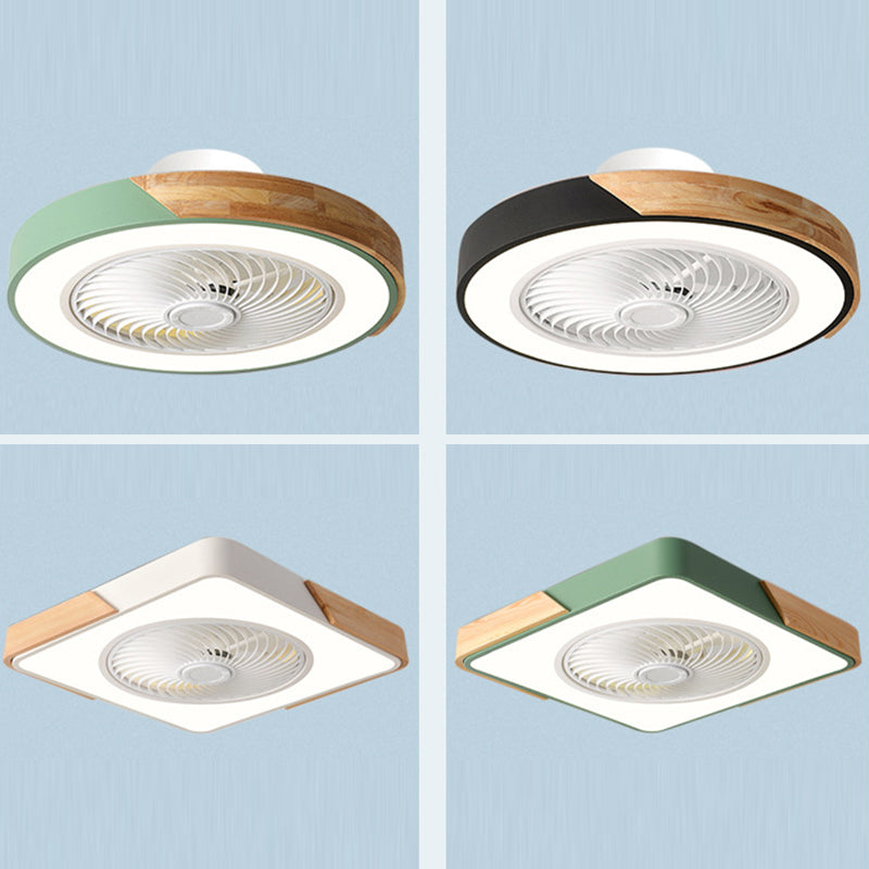 Contemporary Scandinavian Round Iron Solid Wood LED Silent Semi-Flush Mount Ceiling Fan Light For Bedroom