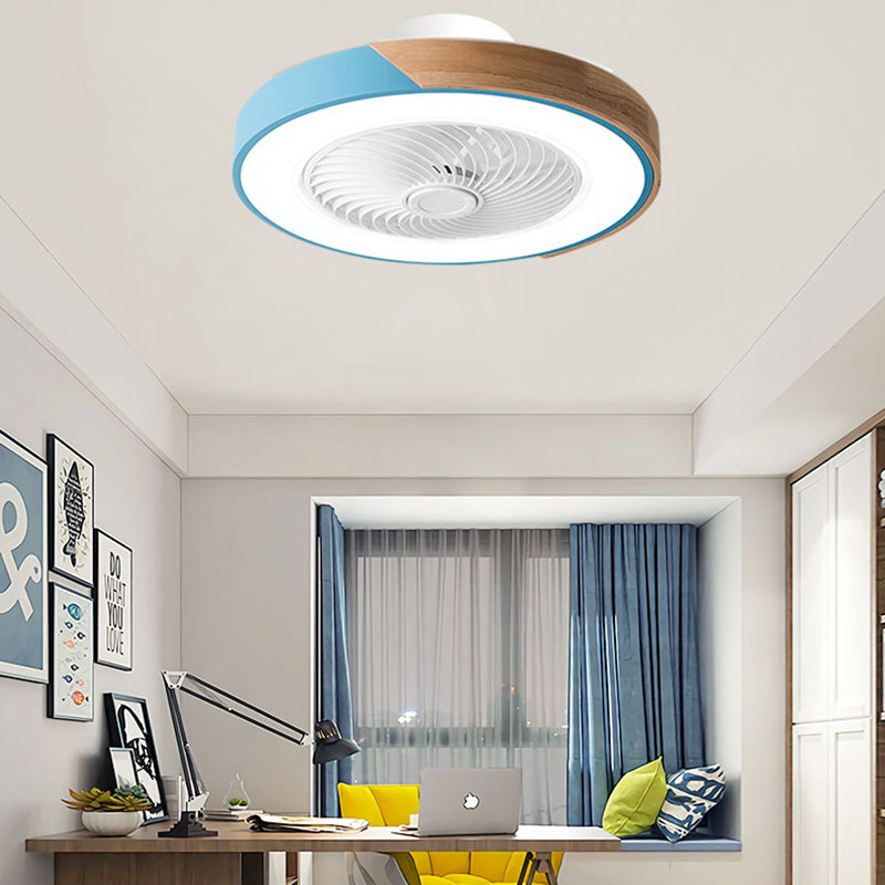 Contemporary Scandinavian Round Iron Solid Wood LED Silent Semi-Flush Mount Ceiling Fan Light For Bedroom