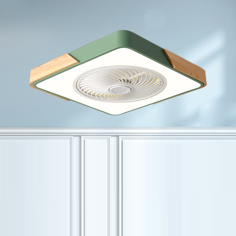 Contemporary Scandinavian Round Iron Solid Wood LED Silent Semi-Flush Mount Ceiling Fan Light For Bedroom
