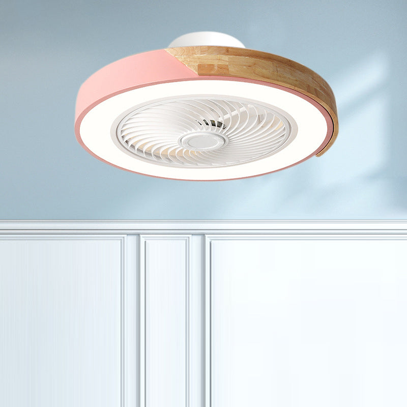 Contemporary Scandinavian Round Iron Solid Wood LED Silent Semi-Flush Mount Ceiling Fan Light For Bedroom