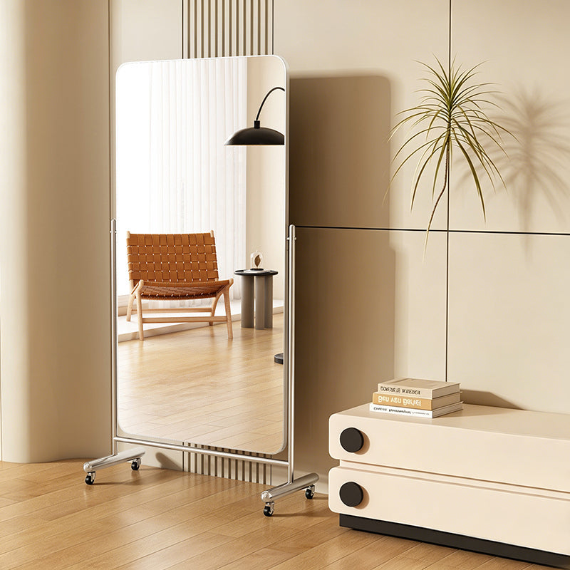 Modern Minimalist Rectangular Stainless Steel Glass Mobile Full-Length Floor Mirror For Living Room