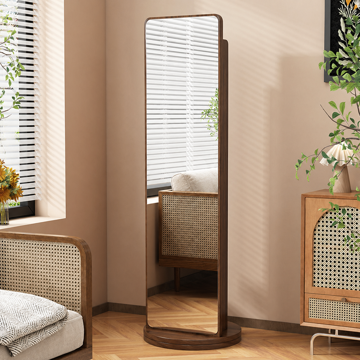 Traditional Vintage Rectangular Solid Wood Eco Panel Tempered Glass Rotatable Full-Length Mirror With 5-Tier Storage Shelf For Entryways