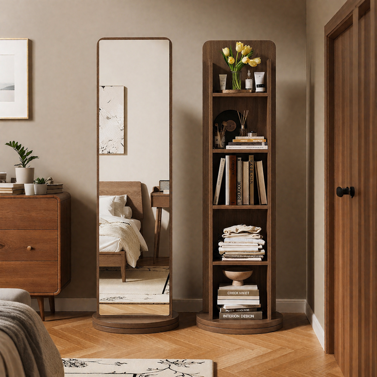 Traditional Vintage Rectangular Solid Wood Eco Panel Tempered Glass Rotatable Full-Length Mirror With 5-Tier Storage Shelf For Entryways