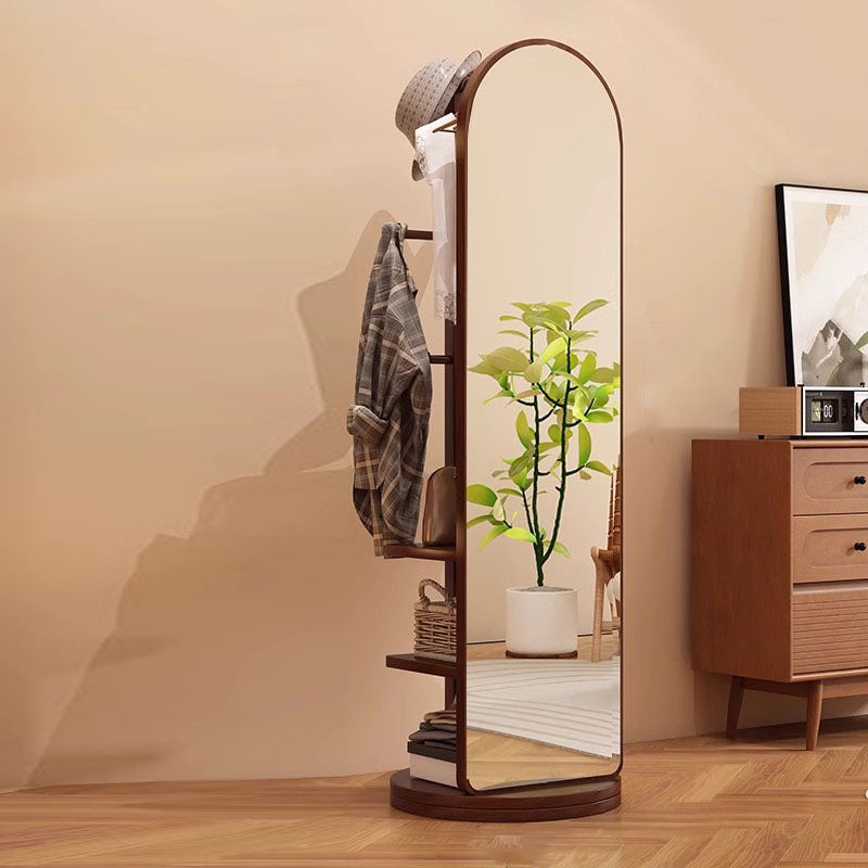 Modern Minimalist MDF Round Oval Swivel Full-Length Floor Mirror 3-Tier Storage & Clothes Hanger For Bedroom & Living Room