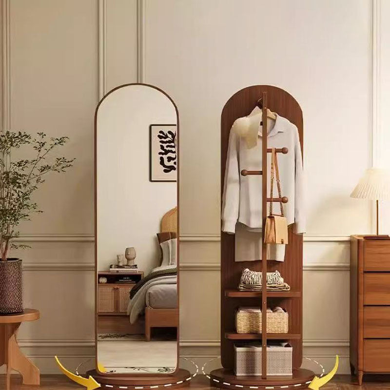 Modern Minimalist MDF Round Oval Swivel Full-Length Floor Mirror 3-Tier Storage & Clothes Hanger For Bedroom & Living Room