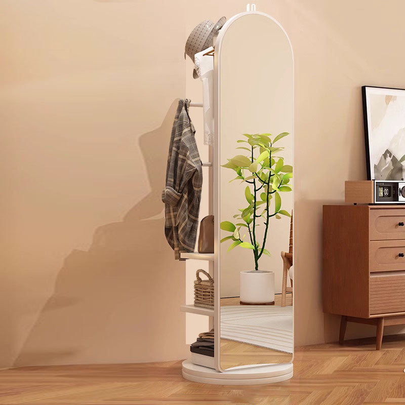 Modern Minimalist MDF Round Oval Swivel Full-Length Floor Mirror 3-Tier Storage & Clothes Hanger For Bedroom & Living Room
