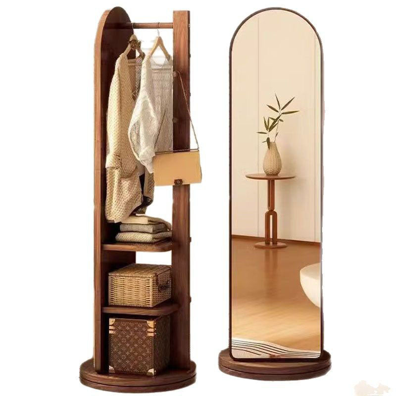 Modern Minimalist MDF Round Oval Swivel Full-Length Floor Mirror 3-Tier Storage & Clothes Hanger For Bedroom & Living Room